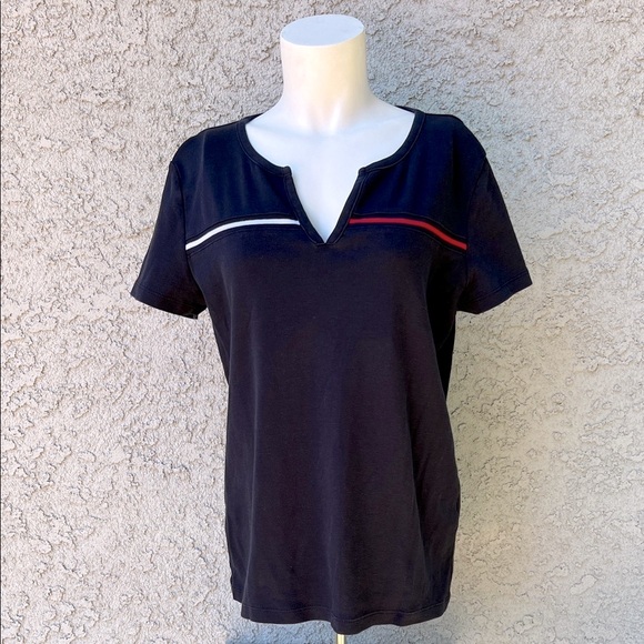 Tommy Hilfiger V-neck Tee with Red and White Company Brand Flag Logo Stripes - Picture 1 of 7